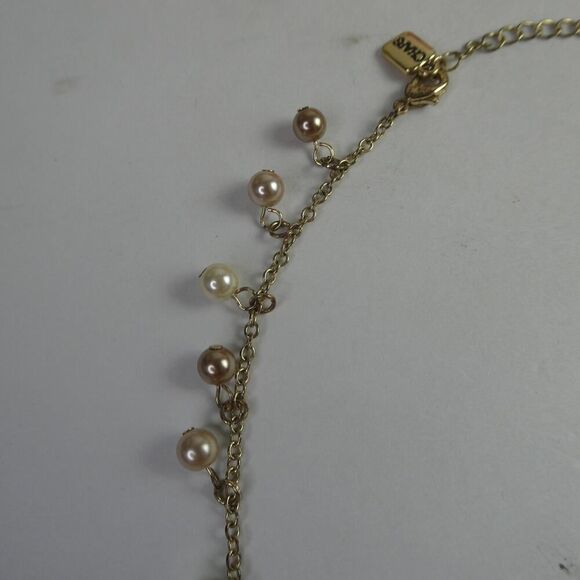 Chaps Gold Tone Dangle Faux Pearl Neutral Rhinestone Charm Necklace Movement - Picture 2 of 8